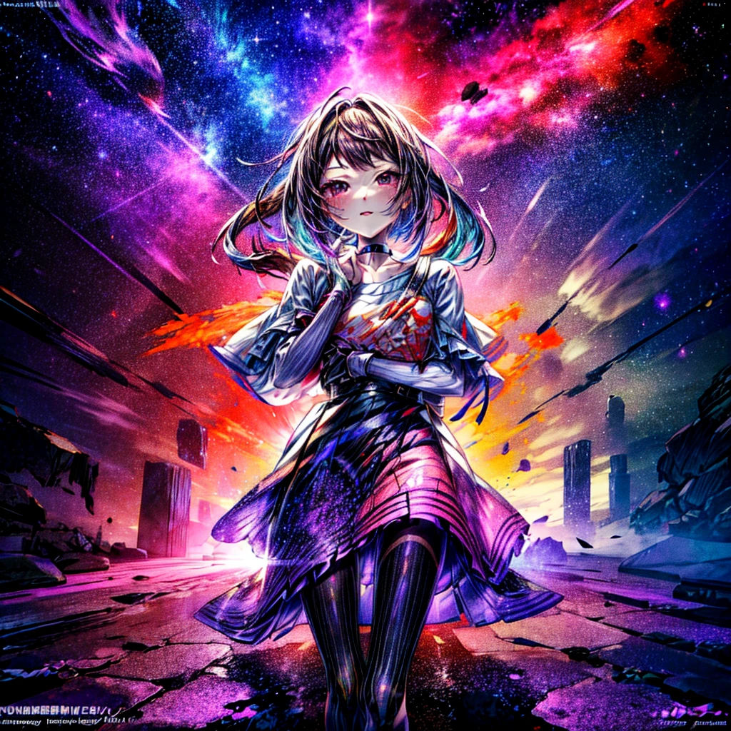 This is a high definition anime portrait (8k) featuring a tall woman with prominent curves and a choker, looking directly at the camera. Her hair is a vibrant mix of black and purple., with fractal patterns and a stellar glow that suggests a space and starry background. The image has a detailed art style, with influences from artists such as Ilya Kuvshinov and Krenz Cushart, and is characterized by its colorful and cheerful expression, He has a face similar to Sasha Gray.
