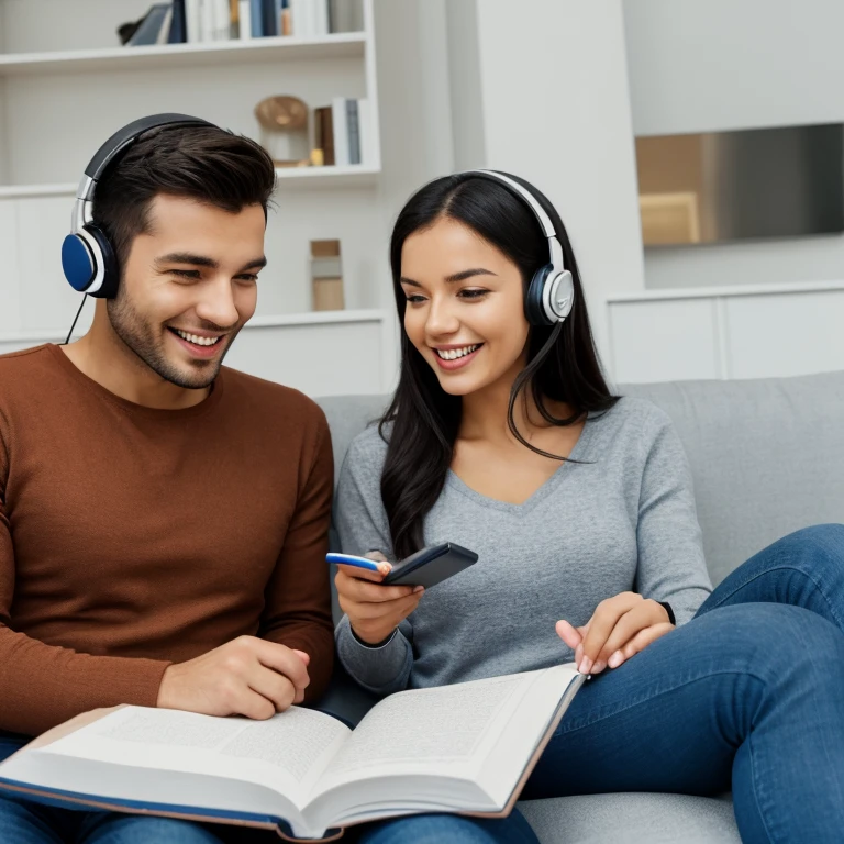 a man and a woman with headphones studying, They smile while they do it sitting on a blue sofa.
