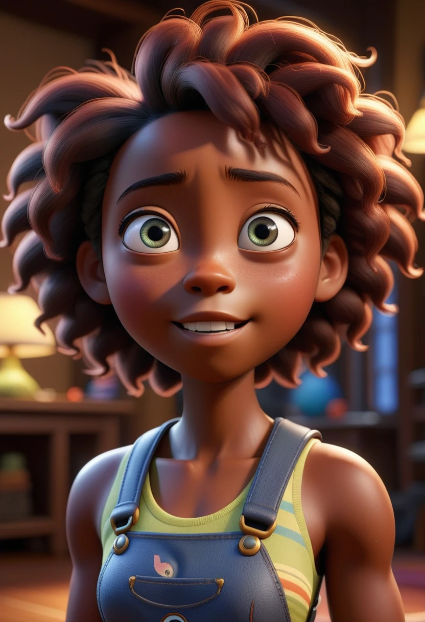 Ebony girl, pixar character ,pixar style, funny creature from parallel reality, (best quality), (masterpiece), (best lighting), (high detailed skin:1.0),( detailed eyes), 8k uhd, dslr, soft lighting, best quality, film grain, Fujifilm XT3,