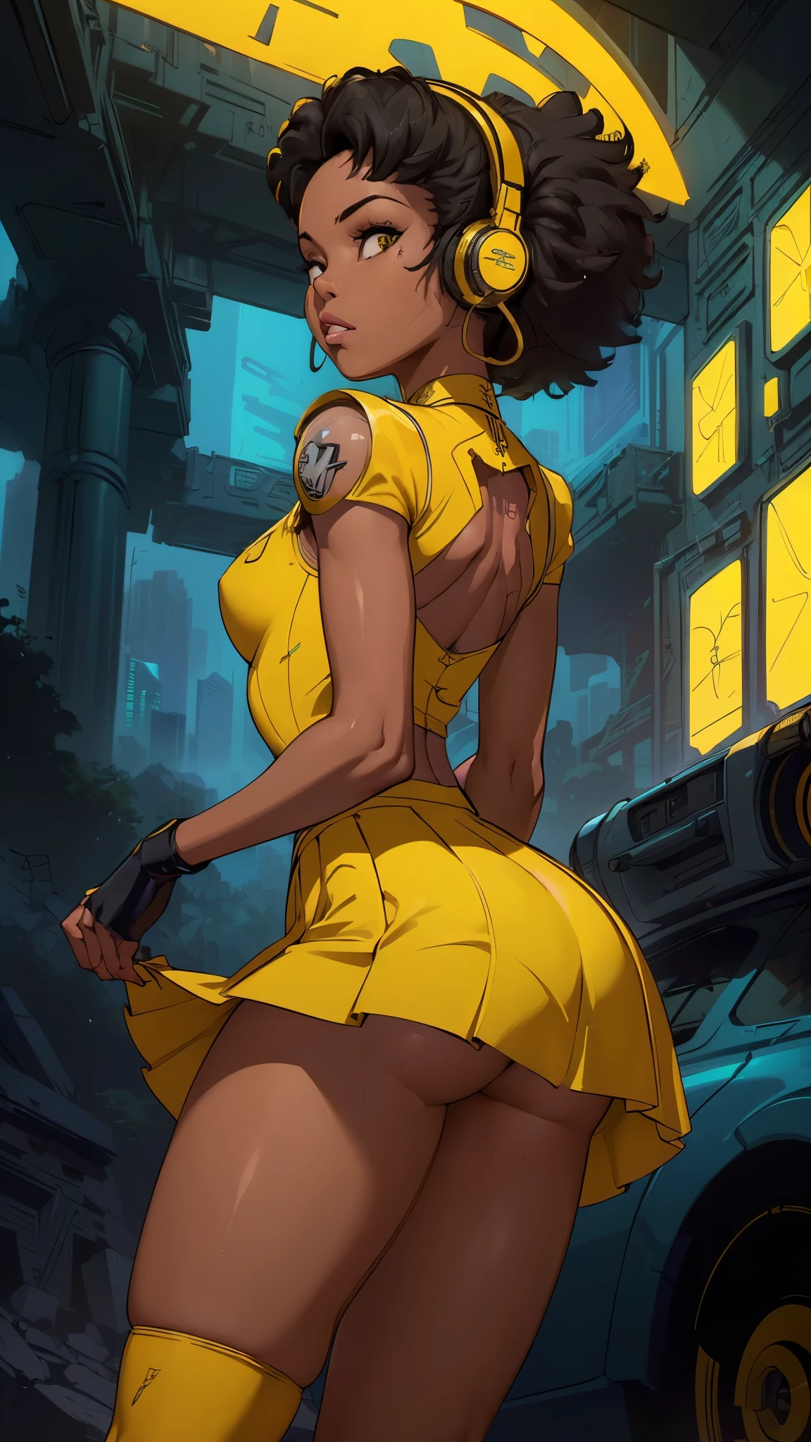 (rear view, backside view),(The best quality,A high resolution,Ultra - detailed,actual),Selena Gómez (mini skirt yellow :1.4) , with headphones on and a (yellow outfit:1.4) , (afrofuturism style:1.4) , afrofuturism, rossdraws | afrofuturism, Beeple. hyperrealism, (style hybrid mix of Beeple:1.4) , cinematic Beeple, realism | Beeple, afrofuturistic, Beeple daily art, cyberpunk art ultrarealistic 8k, cyberpunk vibrant colors,(Selena Gómez :1.4), (cinematic lighting :1.4), (perfect anatomy :1.4), ,(Fondo de ruinas de mazmorra en ruinas cyberpunk :1.4 ), (pose dinámica vaquero), (face detailed Selena Gómez :1.4), (Five Fingers, Four fingers and thumb),(cyborg yellow mecánica transparente plastic :1.4), ,(Fondo de ruinas de mazmorra en ruinas:1.4 ), (cabello afro rizado negro :1.4), (tiene un hermoso culo), (culo perfecto),( nsfw:1.4 ),(nsfw V2.1), (pose vaquero), (skirt lifted by itself: 1.1), (skirt lift: 1.3), (showing white panties: 1.3)