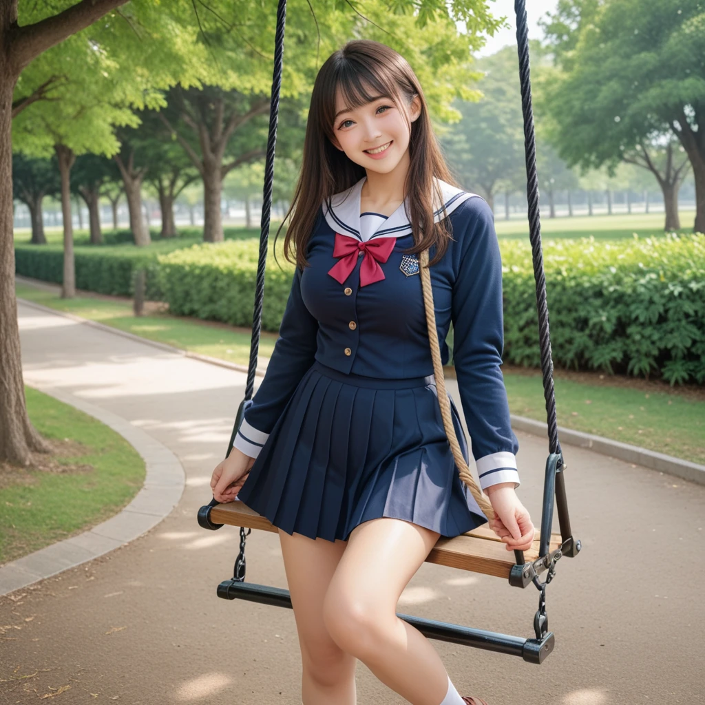 score_9, score_8_up, score_7_up, rating_explicit, masterpiece, best quality, high resolution 8K, 1girl, solo, Japanese kawaii girl, school girl uniform, brown long hair, asymmetry bangs, cute face, smooth skin, long eyelashes, small nose, huge breasts, swinging on a swing, park, daytime, detailed background, smiling, happy, trees, grass, sunlight, cowboy_shot