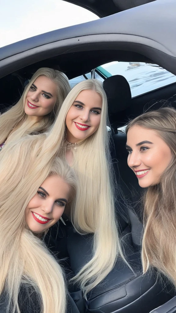 3 girls, long blond hair , 22 years old, inside car, influencer, beauty ,, black dress, curvy, ,fat legs, makeup,, sitting on car ,
socks and boots, smiling, no effects, selfie , iphone selfie, no filters , iphone photo natural