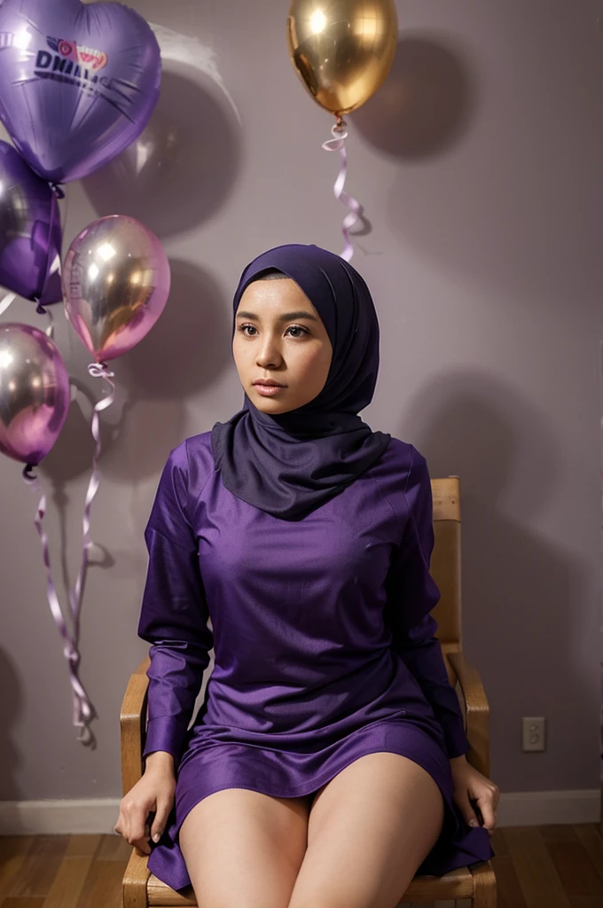 A woman wearing a hijab sits on a chair in a purple dress surrounded by balloons on the wall with the name Eka Fitriani from Lombok written on them. ,HD realistic