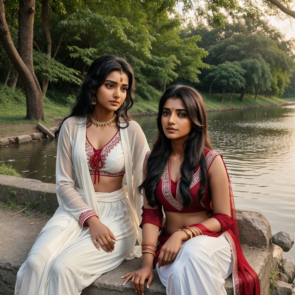 In evening time, Indian brown girl (single girl) age of 21 with black tied hair in red suit and white salwar with red dupatta over her chest, sitting down tree on the bank of river meeting with simple looking boy of 21 yr