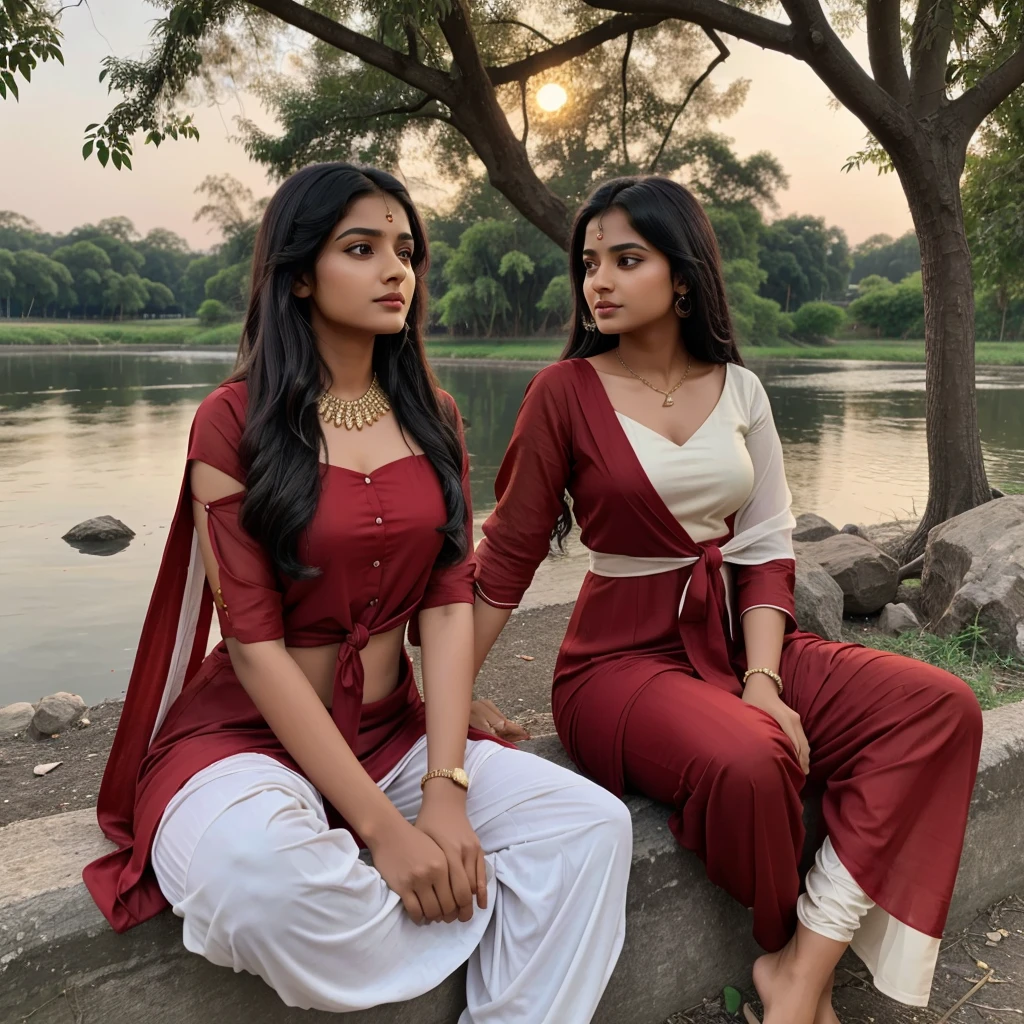 In evening time, Indian brown girl (single girl) age of 21 with black tied hair in red suit and white salwar with red dupatta over her chest, sitting down tree on the bank of river meeting with simple looking boy of 21 yr