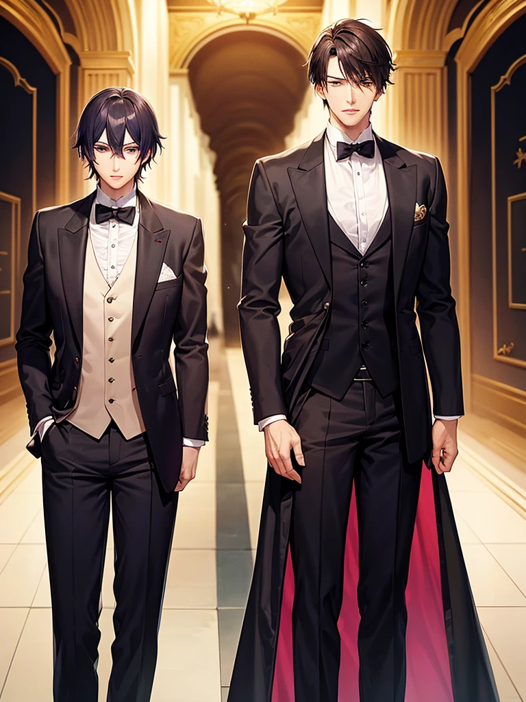 two anime characters dressed in formal clothes next to each other, a digital rendering, pixiv, neo-romanticism, akehiko inoue y ross tran, wearing fancy formal clothing, two handsome anime men, both wearing Victorian clothing, smoking, jin shan y ross tran, elegant anime key visual.