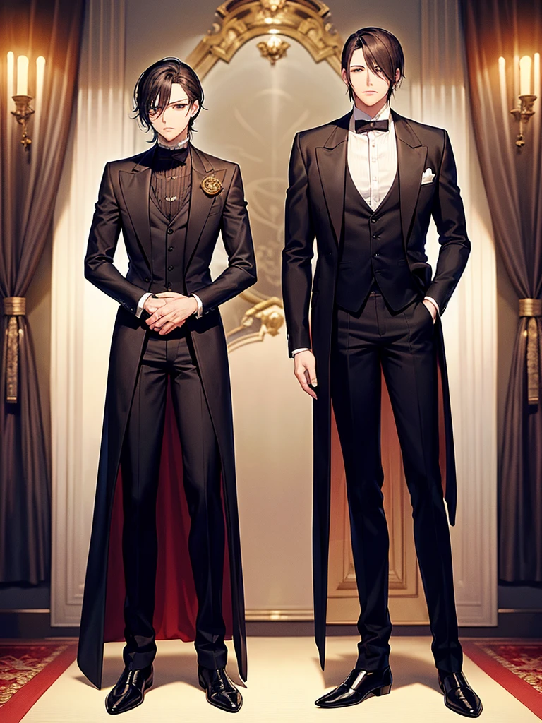 two anime characters dressed in formal clothes next to each other, a digital rendering, pixiv, neo-romanticism, akehiko inoue y ross tran, wearing fancy formal clothing, two handsome anime men, both wearing Victorian clothing, smoking, jin shan y ross tran, elegant anime key visual.