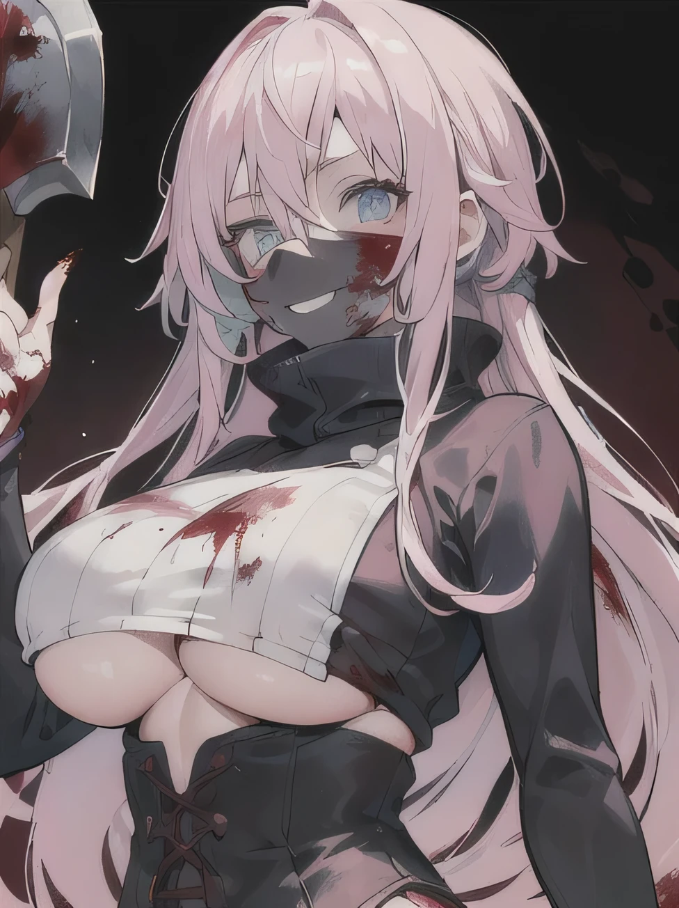 ((best qualityer)), ((work of art)), (detailded), 1 girl, ombro to ombro sweater, long light pink hair,light blue eyes, ((big boobies)), psycho smile, holding an axe,((stained with blood)), ((Face covered in blood)),roupa stained with blood