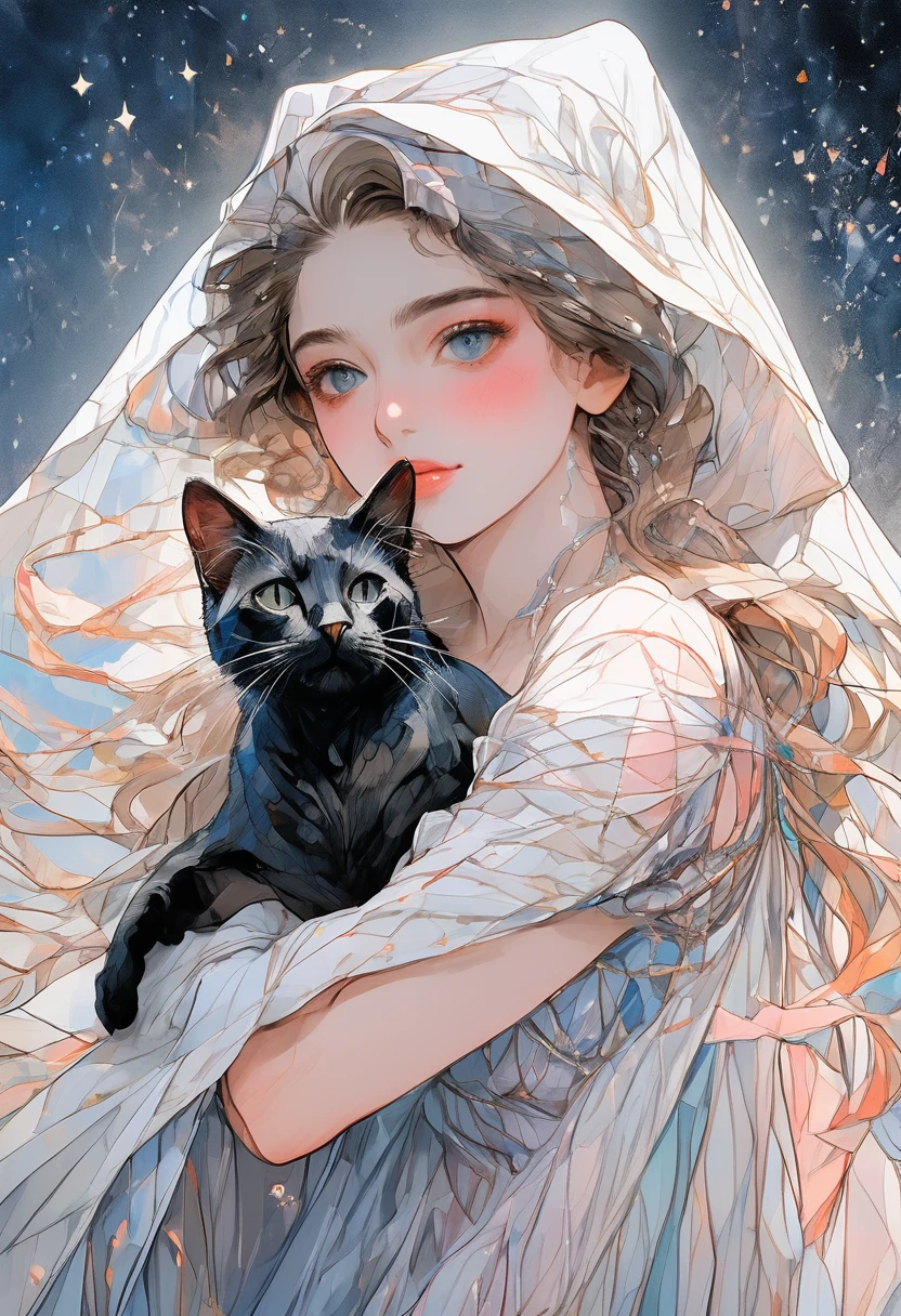 (Highest quality,4K,8K,High resolution,masterpiece:1.2),Super detailed,(Realistic,photoRealistic,photo-Realistic:1.37),masterpiece, Highest quality, 8K, colorful, High detail, High resolution, wallpaper, Best lighting, Beautiful Face, Detailed face, girl, Alphonse Mucha, Prima Ballerina_cold, Night dress, ((whole body)), Beautiful woman and black cat