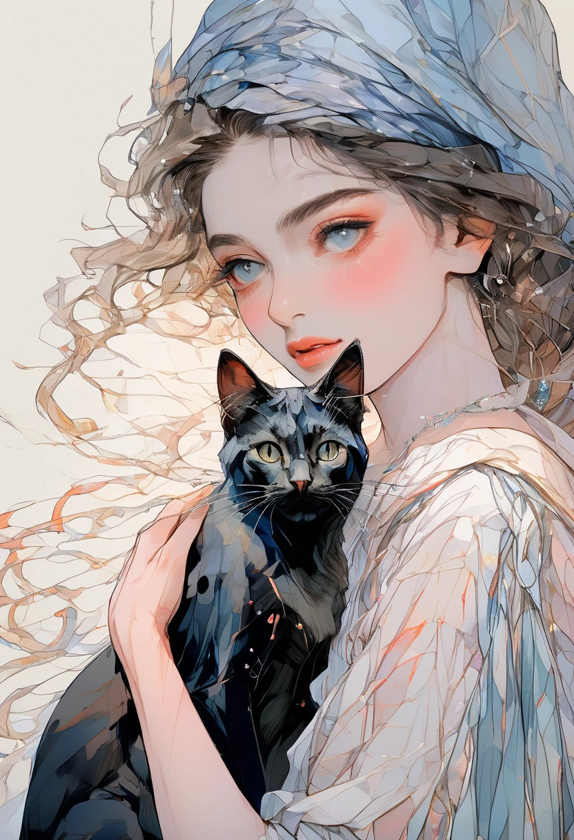 (Highest quality,4K,8K,High resolution,masterpiece:1.2),Super detailed,(Realistic,photoRealistic,photo-Realistic:1.37),masterpiece, Highest quality, 8K, colorful, High detail, High resolution, wallpaper, Best lighting, Beautiful Face, Detailed face, girl, Alphonse Mucha, Prima Ballerina_cold, Night dress, ((whole body)), Beautiful woman and black cat