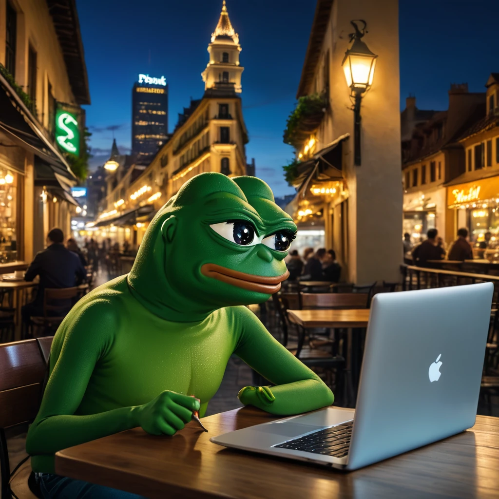 pepe the frog,sitting at a cafe table,drinking coffee,looking at stocks and market prices on a laptop,cityscape background,realistic,photorealistic,award winning,highly detailed,intricate,8k,cinematic lighting,vibrant colors,masterpiece