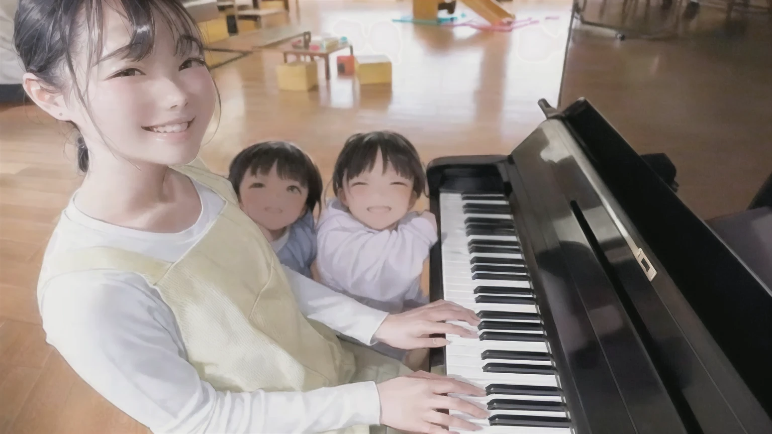 there are three The kids playing a piano together in a room, play the piano, The kids, beginner, The kids's, only, pianist, Warm and fun atmosphere, Award-winning works, Aoi Ogata, Nishimiya Shoko, Great composition, Photo taken with Nikon D750, Photo taken with Nikon D750, tsugumi ohba