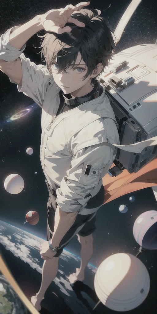 ridiculous resolution, high resolution, (masterpiece:1.4), super detailed, 1boy, seen from above, space, floating, --v 6