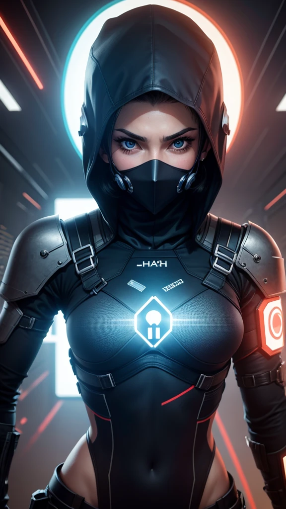 A cyber person wears a mask with a large screen in the background and displays important data that has been hacked