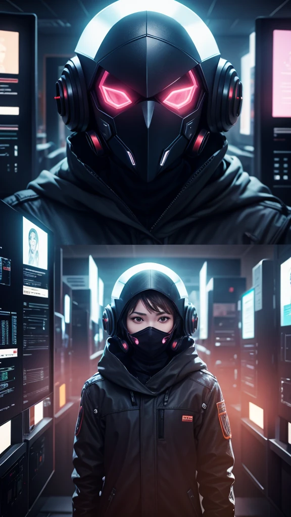 A cyber person wears a mask with a large screen in the background and displays important data that has been hacked