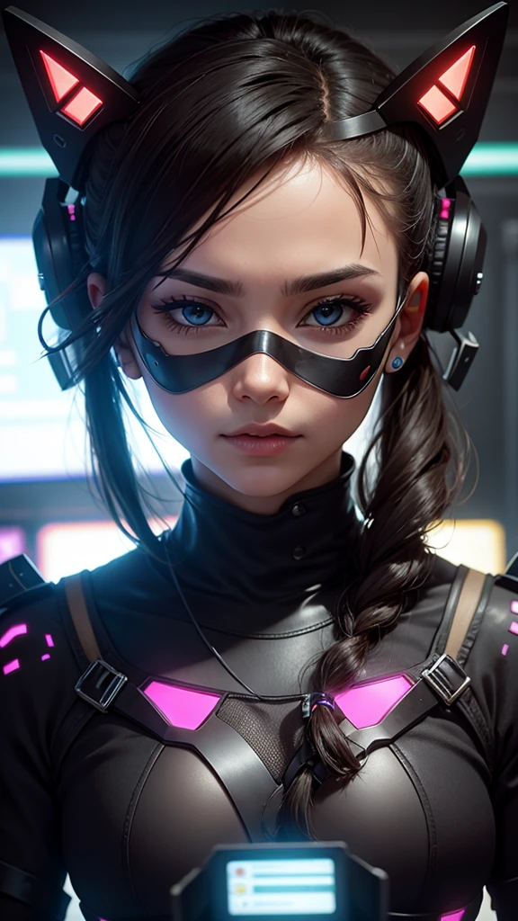 A cyber person wears a mask with a large screen in the background and displays important data that has been hacked