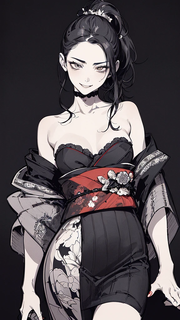 Best quality, (background detail), high contrast, very beautiful woman, detailed original illustration, functional, samurai, kimono, black hair, ponytail delicate face, charm, bad girl, sexy, real breasts, crazy smile, crazy eyes, black background, (black background: 1. 5), beautiful line drawing, monochrome