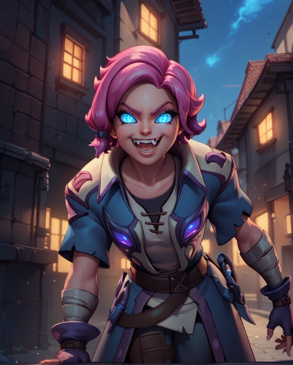 score_9,score_8_up,score_7_up,
maeve,solo.short pink hair with a hair knot,blue slit pupils,blue eyes,glowing eyes,
belt,fingerless gloves,shirt,coat,short sleeves,smile,grin, rooftop,fantasy,leaning forward,fang,open mouth, nigh,outside,alley,in the shadows, 