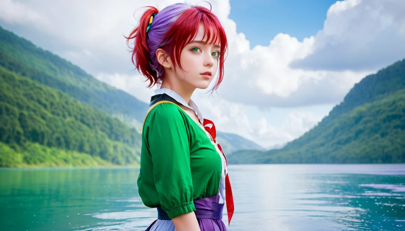 1.5),(1 girl),(dynamic pose),(multicolored hair+silver hair:1.3+red hair:1.2+purple hair+yellow hair:1.3+green hair:1.3),(blue eyes),(neck ribbon),(floating),(cloud),(There are too many water droplets),(twilight),(Watercolor),(wide shot)