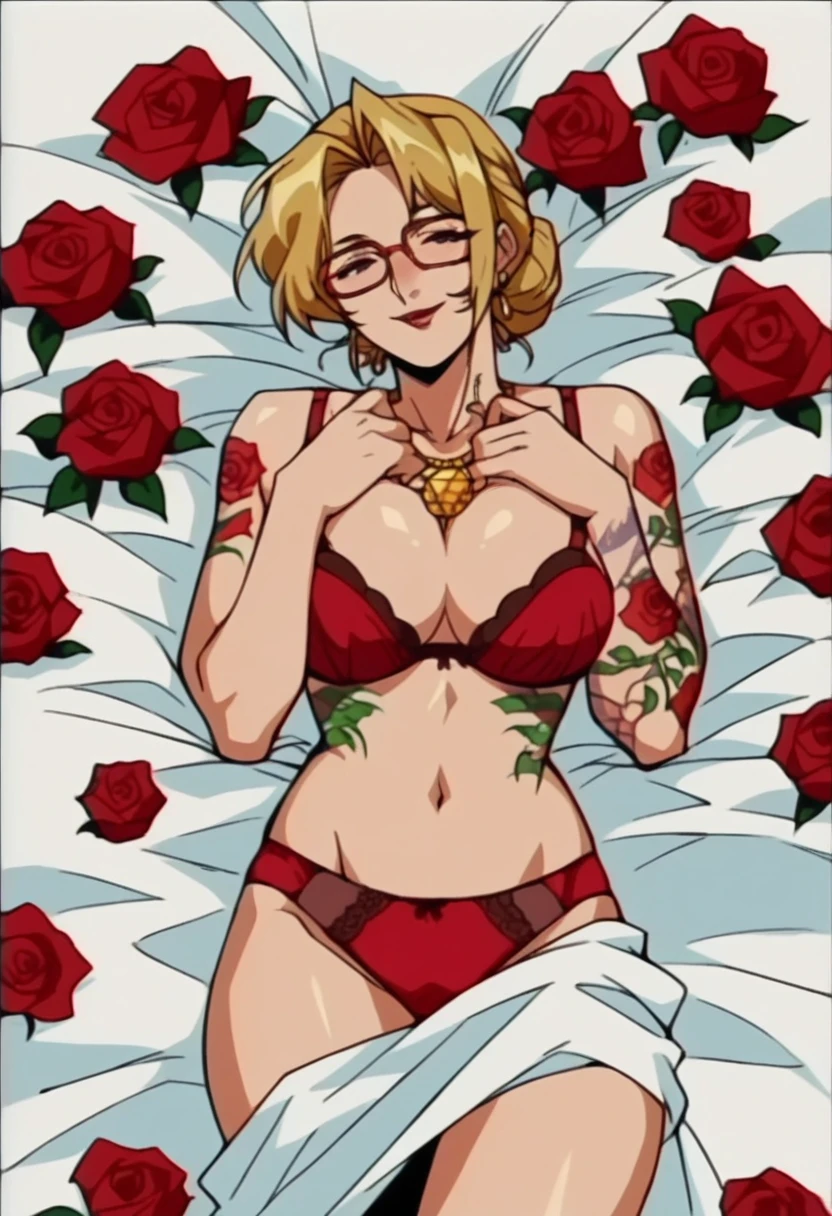 rating explicit, blonde hair woman, milf, red bra, red panties, several golden necklaces, naughty smile, red glasses, roses tattoos covering the entire body, thin chin, lying in bed, sensualizing