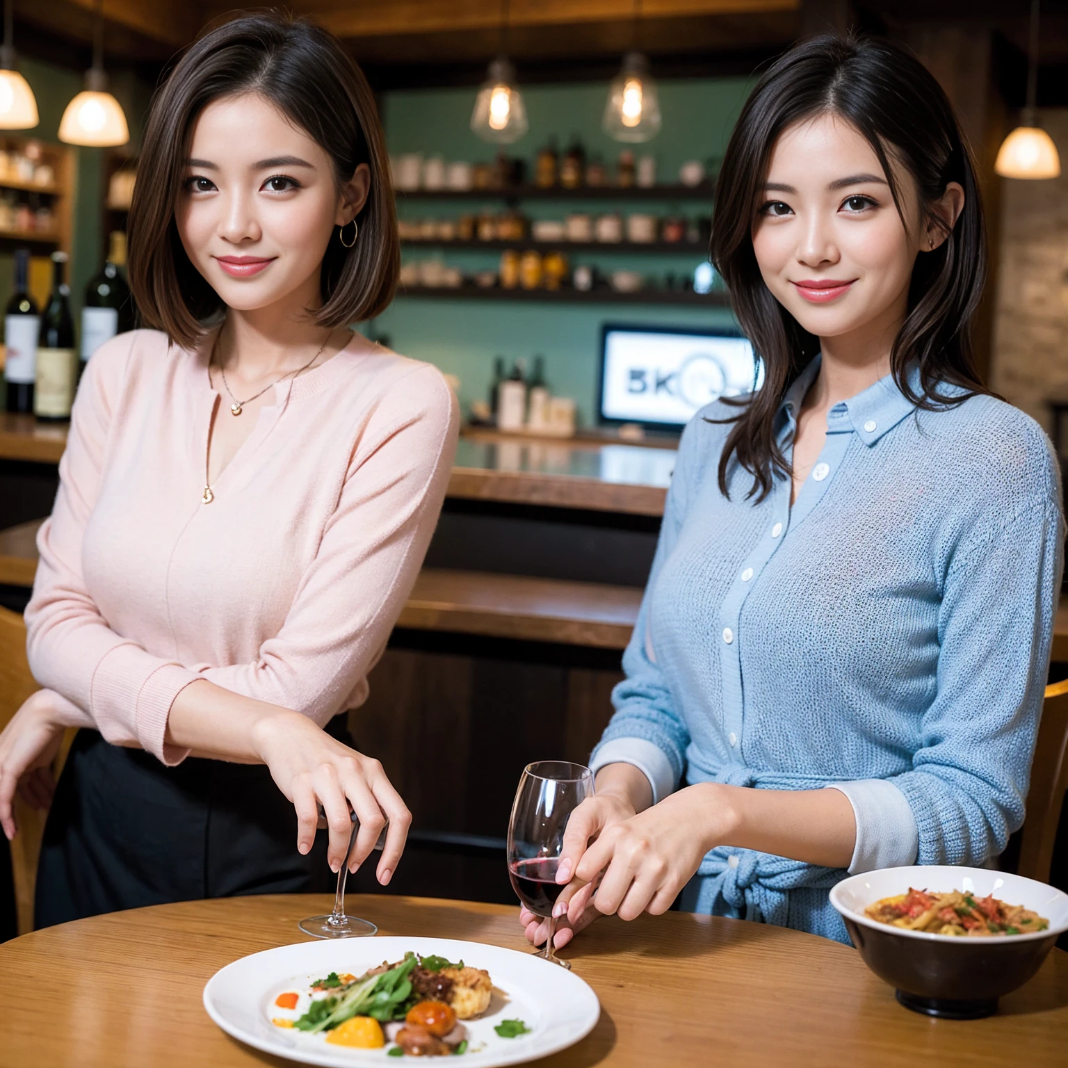 ((Highest quality、8K、masterpiece:1.3))、slimカップル、Pink rubber、modelカップル、(Realistic, Intricate details:1.2), full-course dinner、Wine Party、Amazing view of the sunset sky and clouds、A bright smile、The wonderfulness of smile、Bright image、The beauty of wine, Beautiful Face, blue eyes, The light shines on your face, Blushing, short hair,Bright Face、 (Age 37), 39 years old, red wine 、Appetizers、Italian food、Wine bottle、Champagne、sparkling wine、Two beauties、Brown Hair、Shortcuts、Long sleeve shirt、dress、Beautiful woman 1, (slimな顔), (The body is slim), (Brown Hair), (Shortcuts), cheeks turn a little red,Attractive beauty、restaurant, In a prominent place (From the waist up) Nova Frog Style, actress, model, Upper Body, White wine, slim, wine glass, 中央に置かれたwine glass, smile, (smile: 1.15), Beautiful fine grain, Depth f/2,saturation, High Contrast, Strong light and shadow,Moist Body:1.5、3D texture、Delicate eyes、Brown Hair、The hair is very shiny、