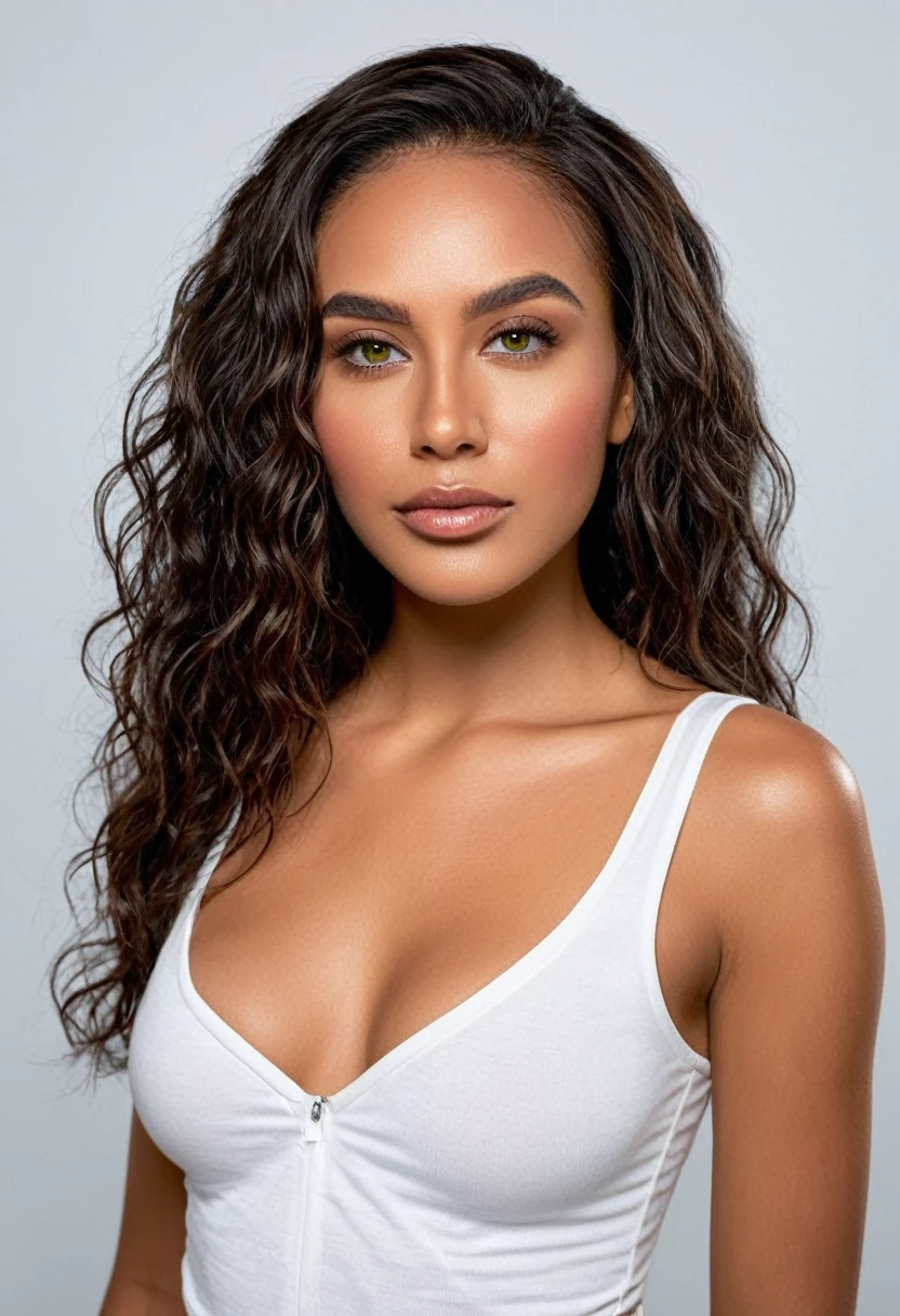 Sexy woman wearing a white low-cut t-shirt and white short shorts posing for a photo in the studio. a beautiful woman, beautiful Latin face, Brazilian supermodel, stunning, stunning beauty, Angolan descent, most beautiful woman in the world, jaw-dropping beauty, young adult 30 years old, She has an exotic beauty, native Brazilian, tall woman, a stunning black African woman, with indigenous features, beautiful indigenous girl, ((An indigenous African girl with European ebony)), ((her beauty is undeniable)), beautiful young black woman with dark skin, tanned Mexican. *hair: Curly black hair with brown highlights, Voluminous black hair with brown highlights, vibrant and dynamic cut with soft waves. *eyes: green and expressive eyes, beautiful green eyes, realistic green eyes, detailed green eyes, ultra realistic, symmetrical, hyper realistic, (eyeliner, long eyelashes), intense and penetrating look, seductive, mysterious and charming look, magnetism look, attraction and fascination. * Eyebrows: Perfect eyebrows that arch gracefully above the eyes and are thick. * the nose is small and proportional to the face and the soft contour of the face that accentuates the high cheekbones. *Mouth: Attractive and irresistible mouth, well-defined lips, full lips, voluminous lips, seductive lips, captivating, striking, unforgettable, mischievous, sexy, your features are captivating, seductive expression, a seductive smile is enigmatic *Face shape: O the face is oval, with high cheekbones and a well-defined chin, a beautiful and detailed face. *Makeup: Makeup is subtle, but highlights natural features. Skin Tone: Olive skin, healthy and even glow, with olive skin, dark skin, sexy girl with olive skin, detailed skin texture, beautiful and glowing skin, intricate details, smooth skin, healthy and radiant appearance. *body: attractive and slim woman, medium bust, athletic, thin waist, wide hips, big butt, thick thighs, shapely legs. A woman posing for a full body photo, sexy and dynamic 