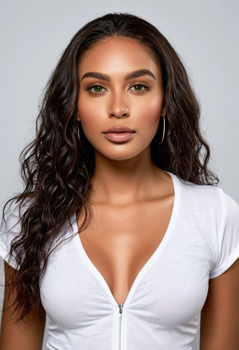 Sexy woman wearing a white low-cut t-shirt and white short shorts posing for a photo in the studio. a beautiful woman, beautiful Latin face, Brazilian supermodel, stunning, stunning beauty, Angolan descent, most beautiful woman in the world, jaw-dropping beauty, young adult 30 years old, She has an exotic beauty, native Brazilian, tall woman, a stunning black African woman, with indigenous features, beautiful indigenous girl, ((An indigenous African girl with European ebony)), ((her beauty is undeniable)), beautiful young black woman with dark skin, tanned Mexican. *hair: Curly black hair with brown highlights, Voluminous black hair with brown highlights, vibrant and dynamic cut with soft waves. *eyes: green and expressive eyes, beautiful green eyes, realistic green eyes, detailed green eyes, ultra realistic, symmetrical, hyper realistic, (eyeliner, long eyelashes), intense and penetrating look, seductive, mysterious and charming look, magnetism look, attraction and fascination. * Eyebrows: Perfect eyebrows that arch gracefully above the eyes and are thick. * the nose is small and proportional to the face and the soft contour of the face that accentuates the high cheekbones. *Mouth: Attractive and irresistible mouth, well-defined lips, full lips, voluminous lips, seductive lips, captivating, striking, unforgettable, mischievous, sexy, your features are captivating, seductive expression, a seductive smile is enigmatic *Face shape: O the face is oval, with high cheekbones and a well-defined chin, a beautiful and detailed face. *Makeup: Makeup is subtle, but highlights natural features. Skin Tone: Olive skin, healthy and even glow, with olive skin, dark skin, sexy girl with olive skin, detailed skin texture, beautiful and glowing skin, intricate details, smooth skin, healthy and radiant appearance. *body: attractive and slim woman, medium bust, athletic, thin waist, wide hips, big butt, thick thighs, shapely legs. A woman posing for a full body photo, sexy and dynamic