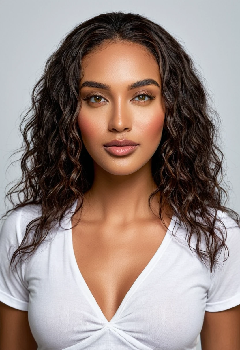 Sexy woman wearing a white low-cut t-shirt and white short shorts posing for a photo in the studio. a beautiful woman, beautiful Latin face, Brazilian supermodel, stunning, stunning beauty, Angolan descent, most beautiful woman in the world, jaw-dropping beauty, young adult 30 years old, She has an exotic beauty, native Brazilian, tall woman, a stunning black African woman, with indigenous features, beautiful indigenous girl, ((An indigenous African girl with European ebony)), ((her beauty is undeniable)), beautiful young black woman with dark skin, tanned Mexican. *hair: Curly black hair with brown highlights, Voluminous black hair with brown highlights, vibrant and dynamic cut with soft waves. *eyes: green and expressive eyes, beautiful green eyes, realistic green eyes, detailed green eyes, ultra realistic, symmetrical, hyper realistic, (eyeliner, long eyelashes), intense and penetrating look, seductive, mysterious and charming look, magnetism look, attraction and fascination. * Eyebrows: Perfect eyebrows that arch gracefully above the eyes and are thick. * the nose is small and proportional to the face and the soft contour of the face that accentuates the high cheekbones. *Mouth: Attractive and irresistible mouth, well-defined lips, full lips, voluminous lips, seductive lips, captivating, striking, unforgettable, mischievous, sexy, your features are captivating, seductive expression, a seductive smile is enigmatic *Face shape: O the face is oval, with high cheekbones and a well-defined chin, a beautiful and detailed face. *Makeup: Makeup is subtle, but highlights natural features. Skin Tone: Olive skin, healthy and even glow, with olive skin, dark skin, sexy girl with olive skin, detailed skin texture, beautiful and glowing skin, intricate details, smooth skin, healthy and radiant appearance. *body: attractive and slim woman, medium bust, athletic, thin waist, wide hips, big butt, thick thighs, shapely legs. A woman posing for a full body photo, sexy and dynamic 