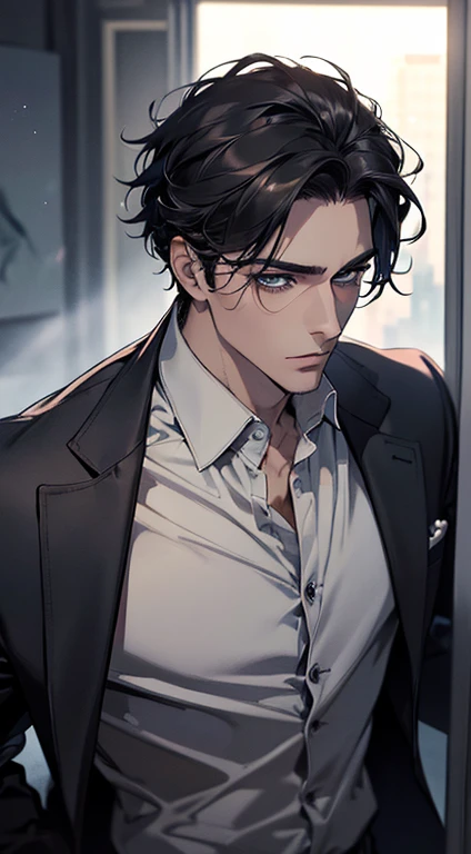 (best quality, masterpiece, 8K, photorealistic, cinematic lighting, 1:4 hdr image, top view, ultra detailed, beautiful image), a mature man, very handsome, short black hair, blue eyes, perfect face without errors , ((buttoning his jacket, CEO))