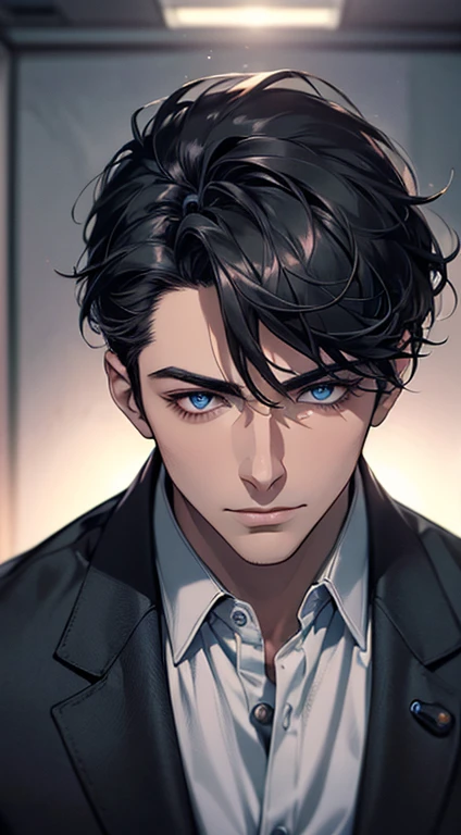 (best quality, masterpiece, 8K, photorealistic, cinematic lighting, 1:4 hdr image, top view, ultra detailed, beautiful image), a mature man, very handsome, short black hair, blue eyes, perfect face without errors , ((buttoning his jacket, CEO))