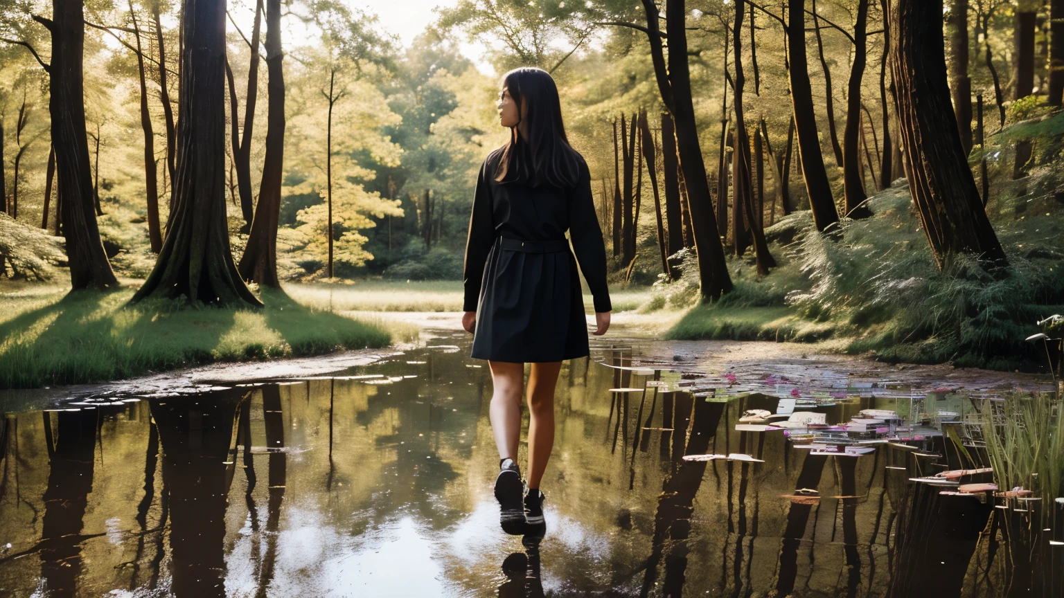 A beautiful girl was walking in the forest by a pond 