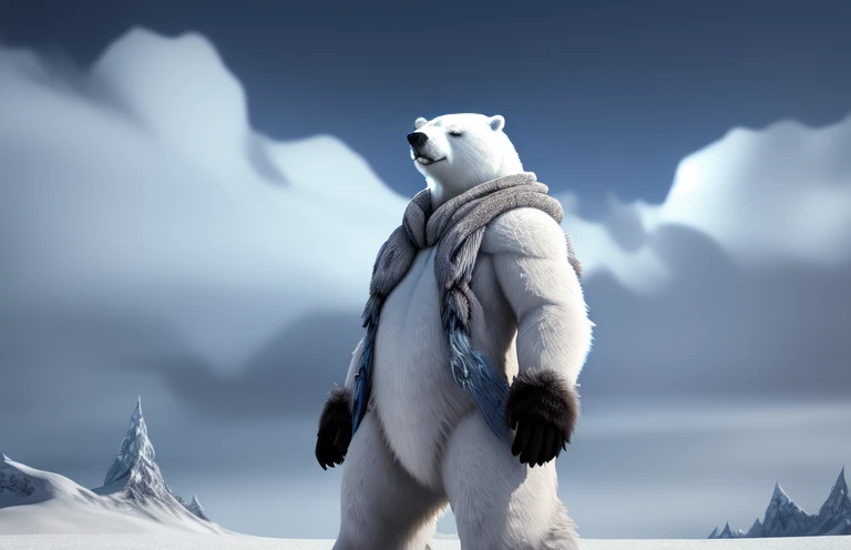 Polar bear stands looking at the sky Medium muscular, frozen planet setting, snowstorm , zoomed in on crotch, , chunie, darkgem, He uses an old, torn blanket made of animal hide as a garment for his body. 