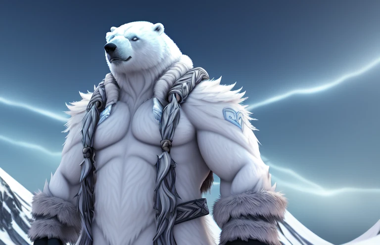 Polar bear stands looking at the sky Medium muscular, frozen planet setting, snowstorm , zoomed in on crotch, , chunie, darkgem, He uses an old, torn blanket made of animal hide as a garment for his body.