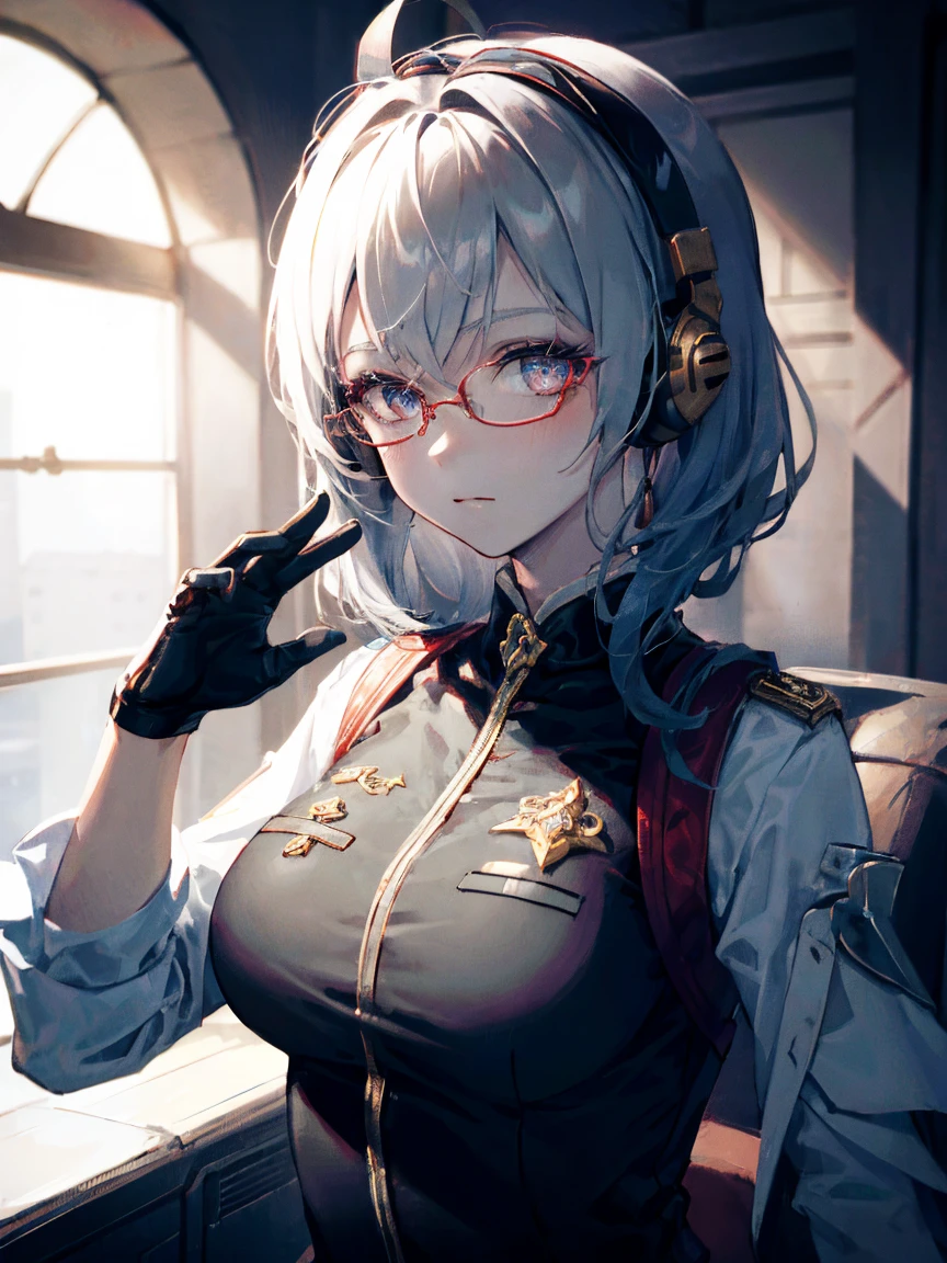 masterpiece , a girl, in battlefield, ( lite white short hair:1.2), (red eyes:1.2), (Russian Millitary Uniform:1.2), (looks at the viewer:1.2) , (8k, best quality 1.2), ultra-detailed, 8k uhd, soft lighting, high quality, film grain, beautiful lighting, cinematic ,perfect body , best illumination, best shadow, sharpness, contrast, red glasses, messy hair, tactical vest, gloves, headset, absurdres high detailed face
