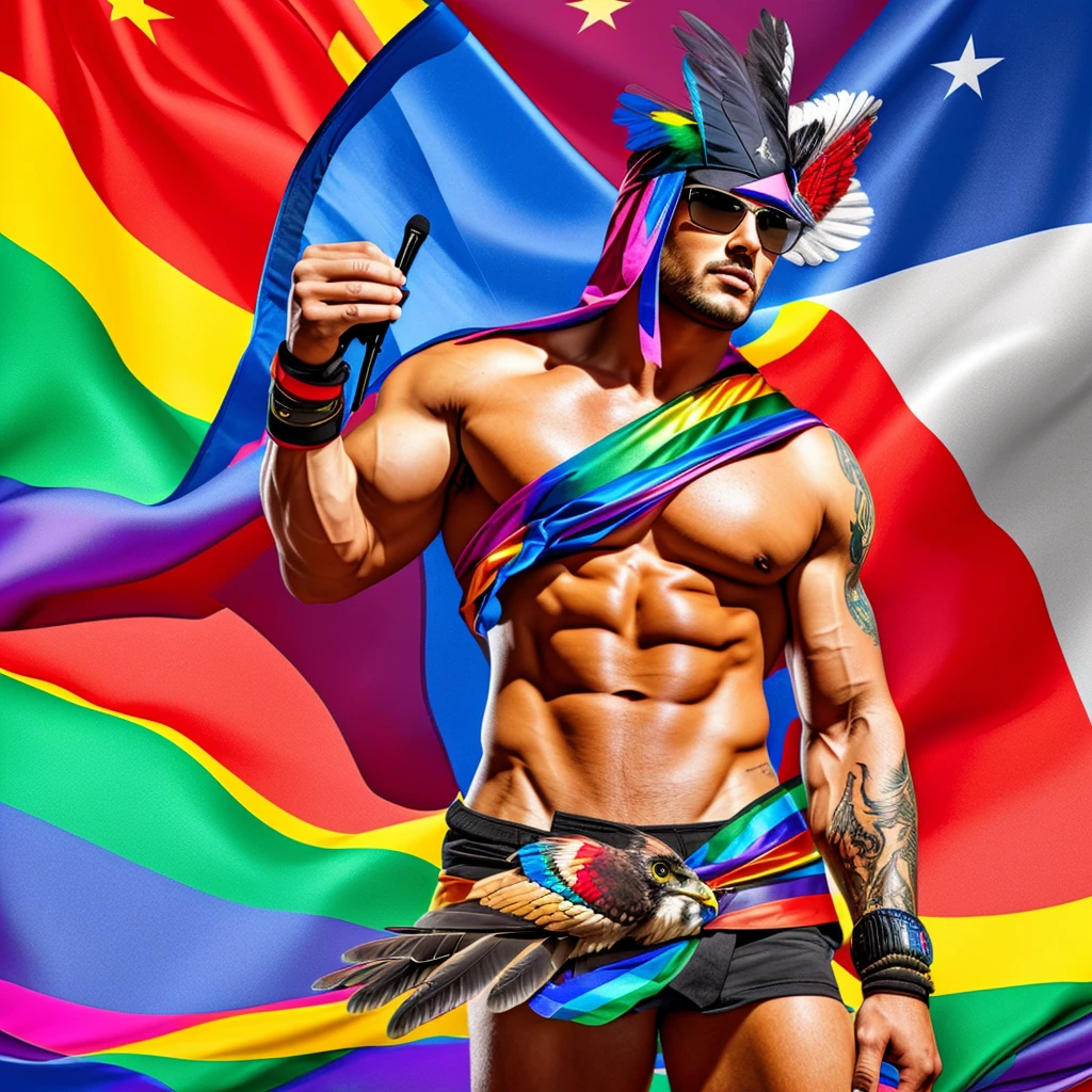 A sexy hawk bird, with a microphone, lgbt flag and muscular