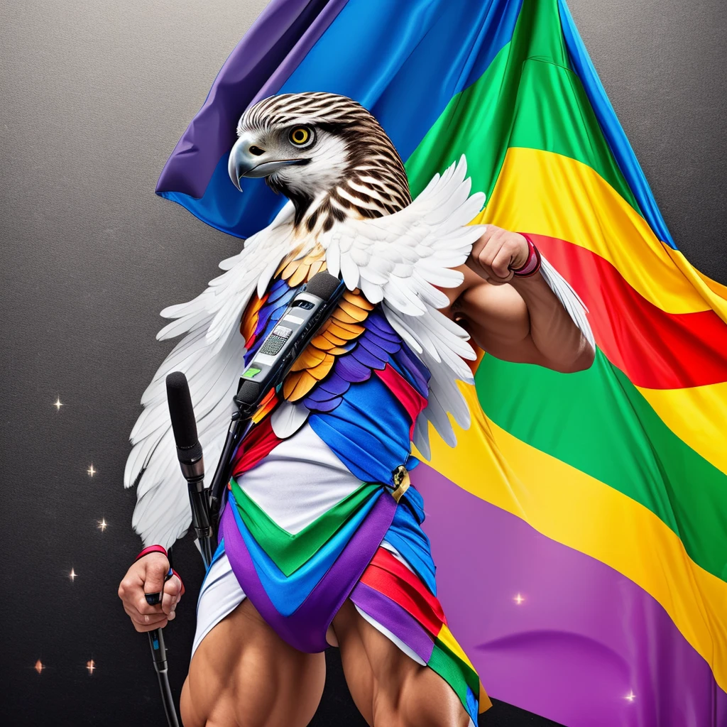 A sexy hawk bird, with a microphone, lgbt flag and muscular
