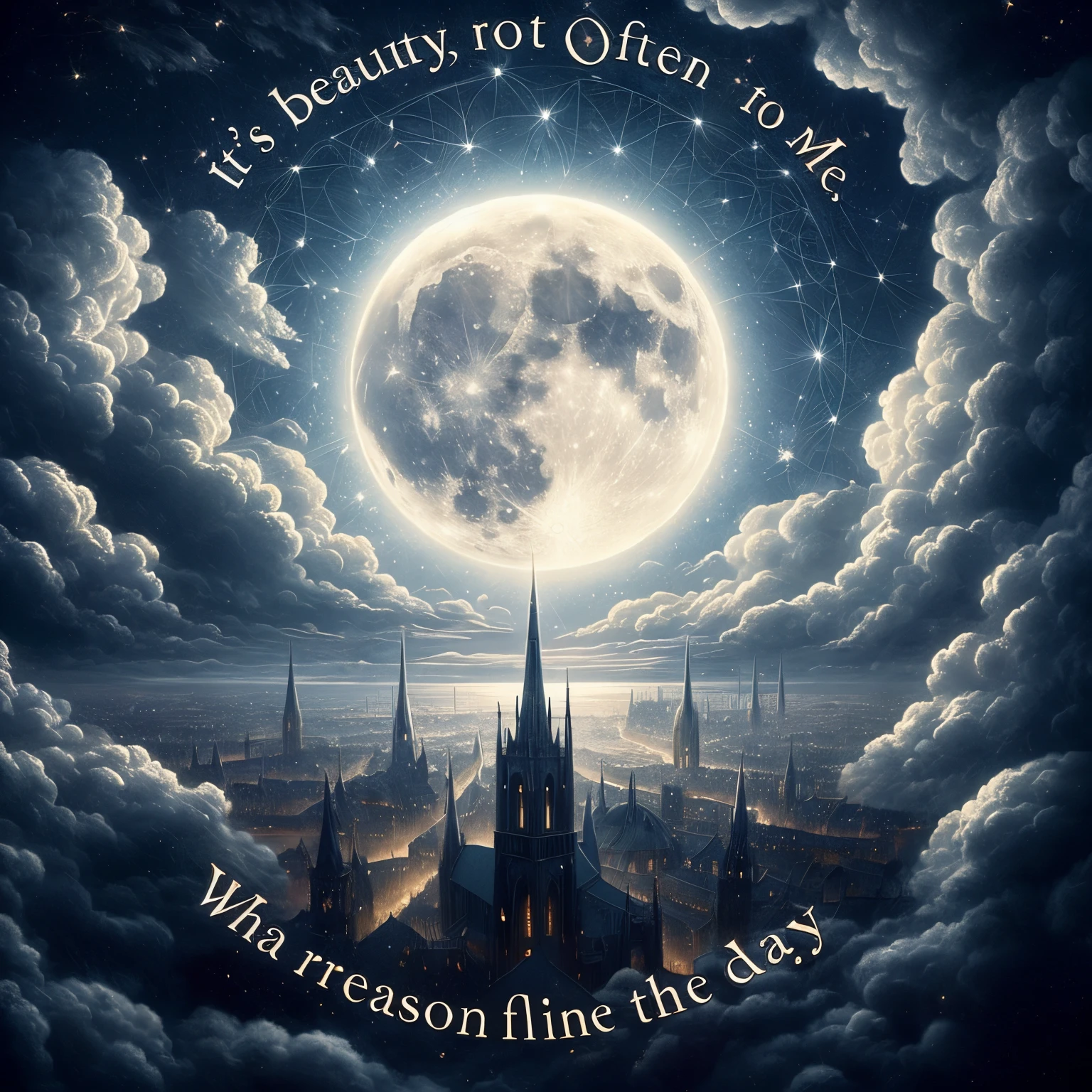 
Full moon made for me, what reason falls the day? It's beauty, not often seen, lights my way when evening comes and clouds line the way.

