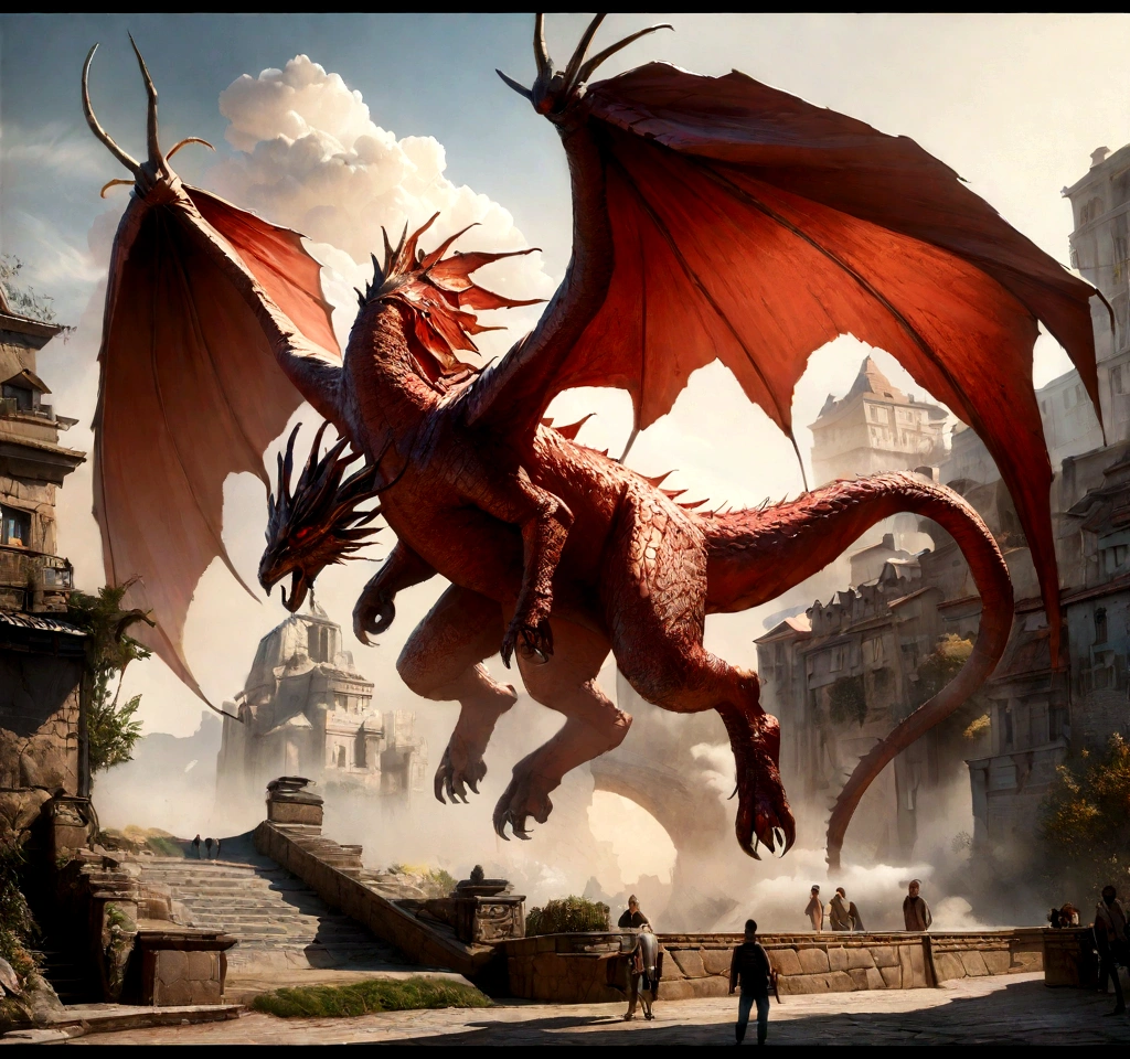 a gigantic red dragon, destroying a city, (best quality,4k,8k,highres,masterpiece:1.2),ultra-detailed,(realistic,photorealistic,photo-realistic:1.37),dramatic lighting, cinematic composition, intricate details, striking colors, powerful, awe-inspiring, epic scale, hyper-realistic, 3d render, unreal engine, volumetric lighting, dramatic shadows, dynamic composition, photographic, matte painting, concept art, digital painting