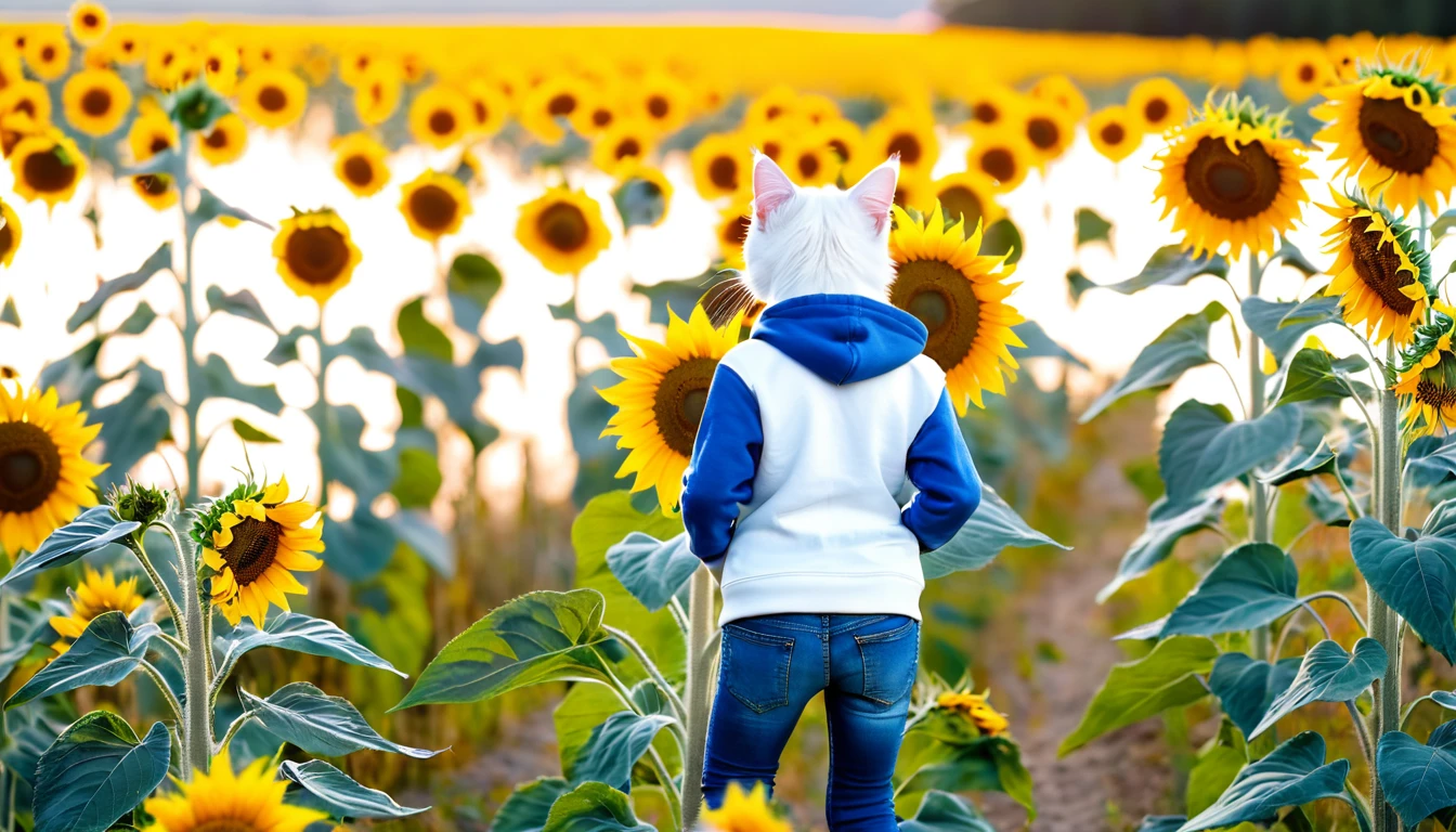 (Masterpiece: 1.4), professional photography, cute white kitten, standing on two legs
BRAKE
Light blue hoodie
BRAKE
Denim jeans
BRAKE
Sunflower field as background
BRAKE
Full body shot, (Cinematic Light: 1.3), shot with Lumix GH5 (cinematic bokeh, dynamic range, vibrant colors), glossy