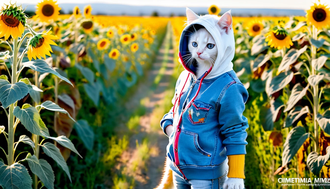 (Masterpiece: 1.4), professional photography, cute white kitten, standing on two legs
BRAKE
Light blue hoodie
BRAKE
Denim jeans
BRAKE
Sunflower field as background
BRAKE
Full body shot, (Cinematic Light: 1.3), shot with Lumix GH5 (cinematic bokeh, dynamic range, vibrant colors), glossy