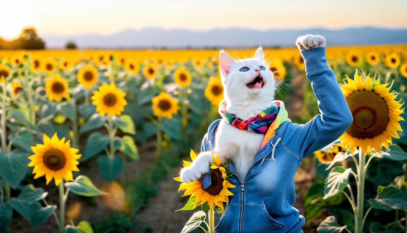 (Masterpiece: 1.4), professional photography, cute white kitten, standing on two legs
BRAKE
Light blue hoodie
BRAKE
Denim jeans
BRAKE
Sunflower field as background
BRAKE
Full body shot, (Cinematic Light: 1.3), shot with Lumix GH5 (cinematic bokeh, dynamic range, vibrant colors), glossy