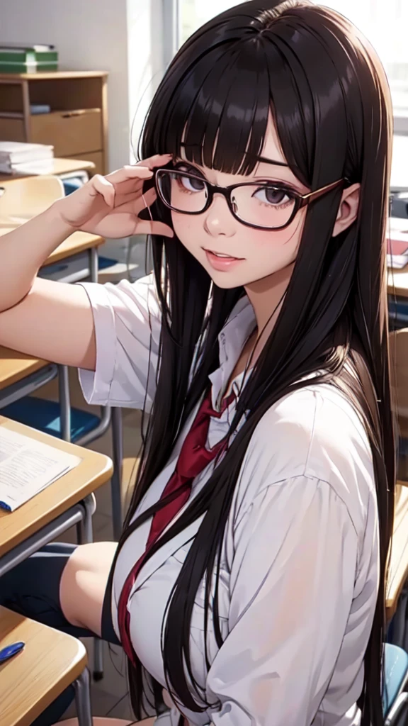 beautiful girl with glasses after giving a blowjob with a face covered in cum in the classroom