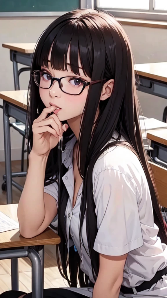 beautiful girl with glasses after giving a blowjob with a face covered in cum in the classroom