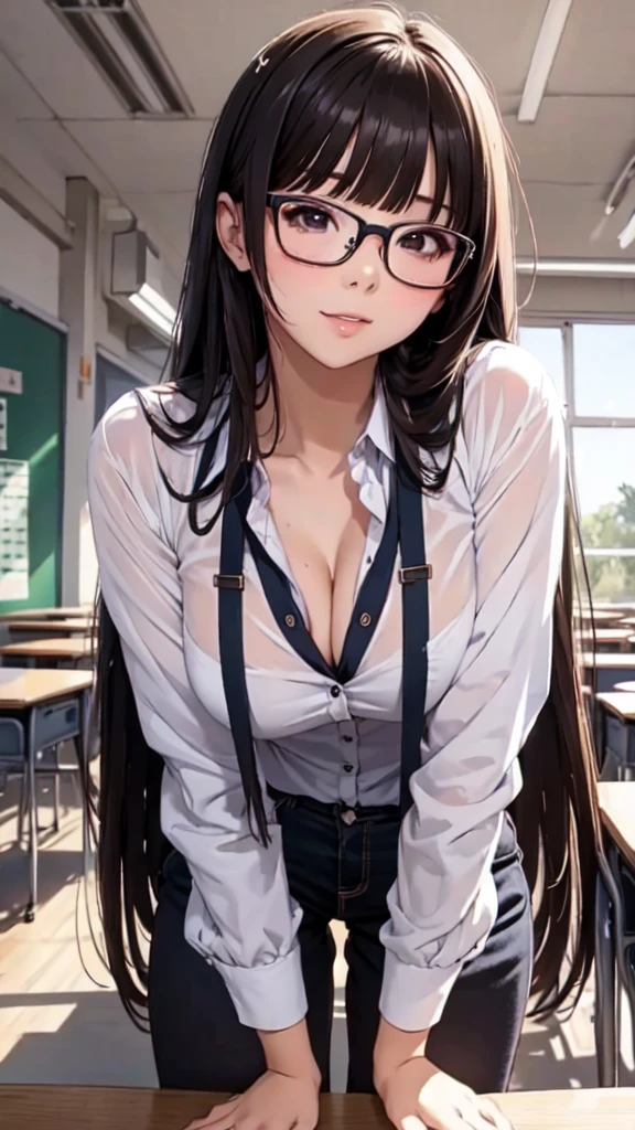 beautiful girl with glasses after giving a blowjob with a face covered in cum in the classroom