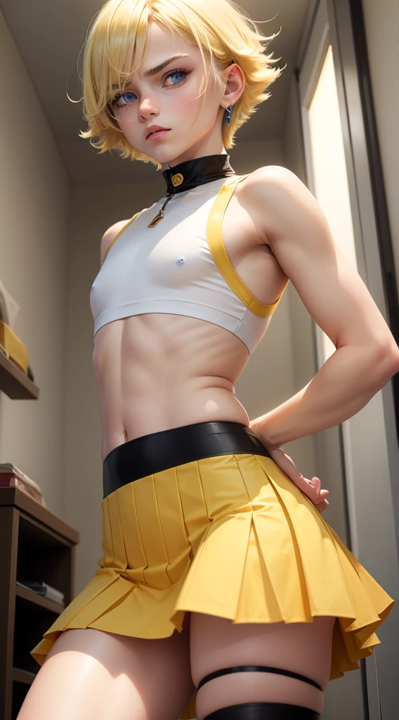 blonde boy, blue eyes, femboy, skirt, tight shirt, flat chest, short hair, mullet, wearing yellow, mean glare.