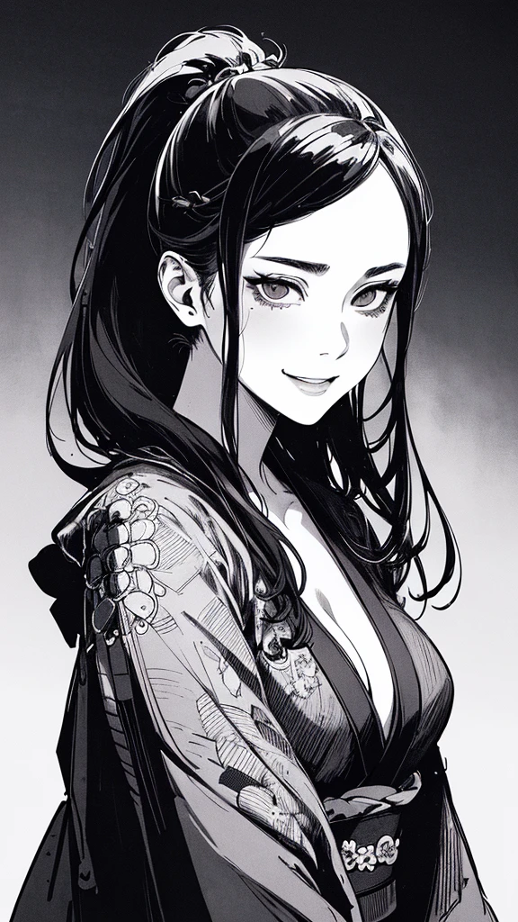 Best quality, (background detail), high contrast, very beautiful woman, detailed original illustration, functional, samurai, kimono, black hair, ponytail delicate face, charm, bad girl, sexy, real breasts, crazy smile, crazy eyes, black background, (black background: 1. 5), beautiful line drawing, monochrome