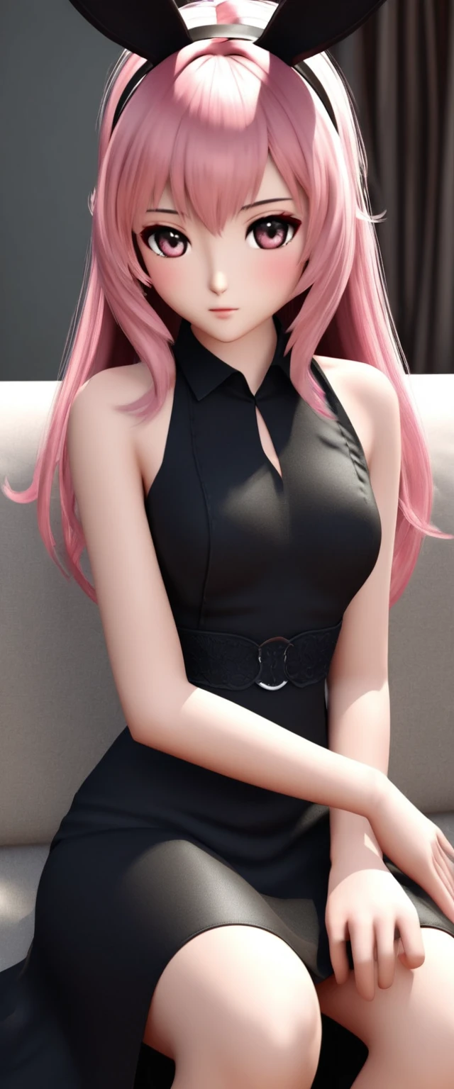 Pink haired woman sitting on the sofa Realistic Sweet Bunny Girl Bunny Girl Anime Girl Wears Black Dress cgsociety 9 Realistic Anime Girl Cosplay - Anime Full Realistic 3D Anime 