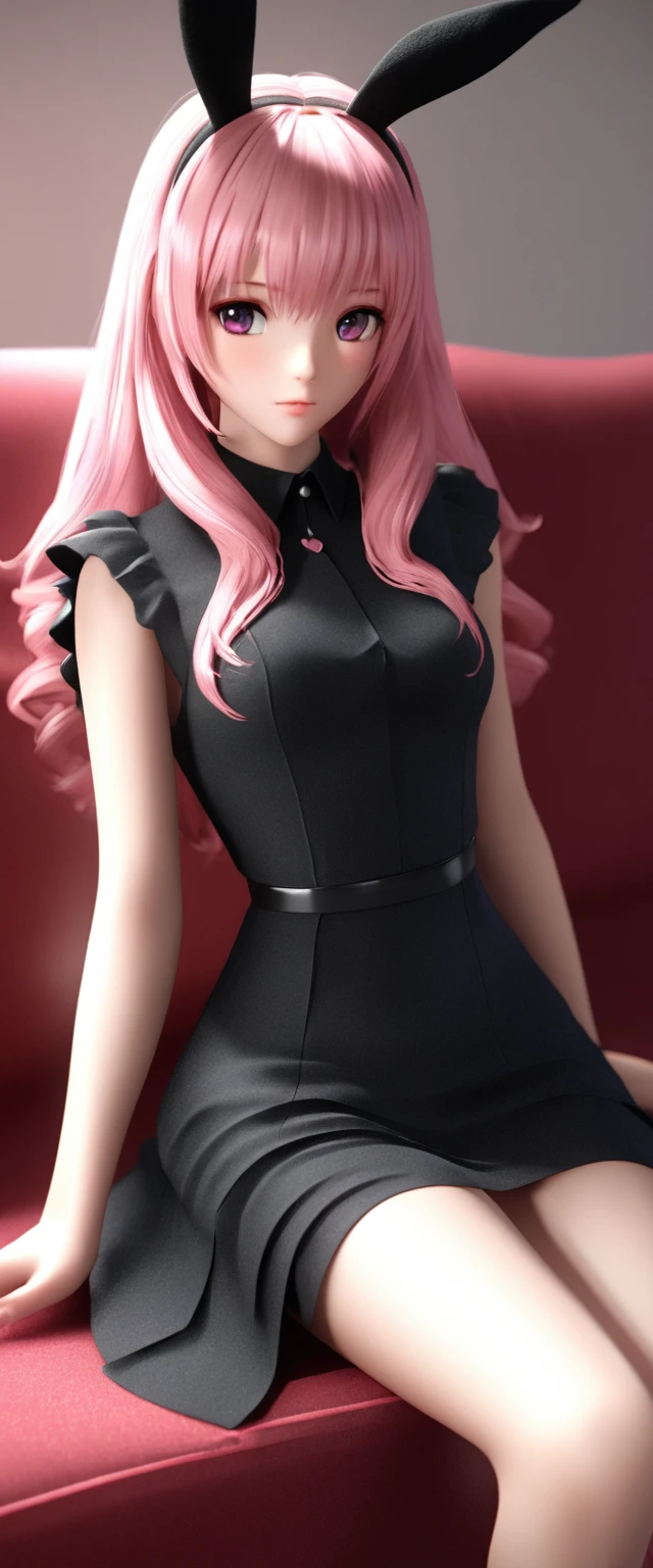 Pink haired woman sitting on the sofa Realistic Sweet Bunny Girl Bunny Girl Anime Girl Wears Black Dress cgsociety 9 Realistic Anime Girl Cosplay - Anime Full Realistic 3D Anime