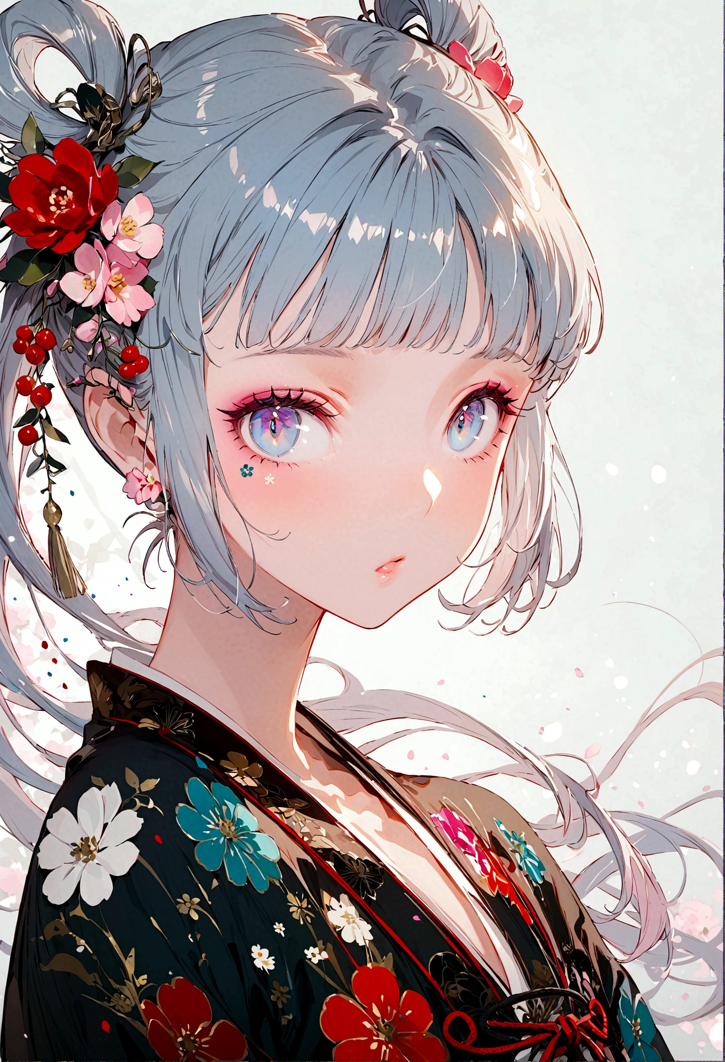 Fire Spirit Portrait, (masterpiece), (best quality), (Extremely detailed),(Disk hair),(illustration), (1 Girl), (Fashion), permanent, fashion model, Looking at the audience, (interview), (Simple background), Beautiful and delicate eyes, Exquisite beauty, floating, (High Saturation), (Colorful splash), Colored bubbles, (shine), Focus on the face, Twin Tails, Kamisato Ayaka, Light blue hair, Bangs, Hair ring, floating flowers, Flowing hair, (shining), Optimal lighting, The best shadow, whole body, Vista
