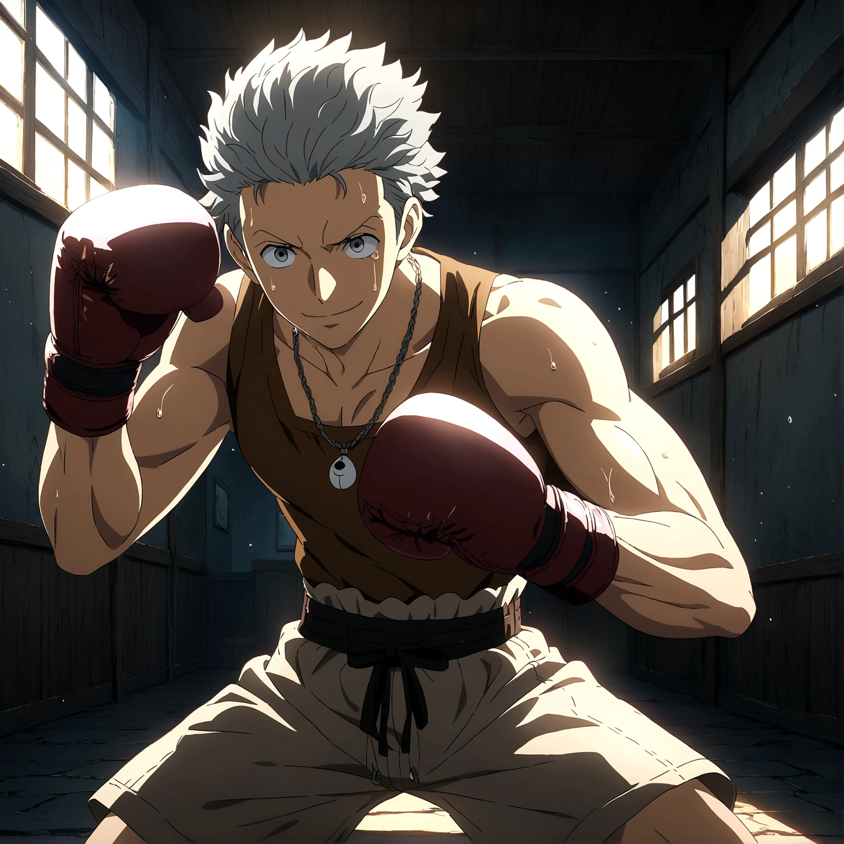 Young man, youthful appearance, muscular and compact body, short gray hair, brown blouse, boxing shorts, stitched leather boxing gloves, innocent smile, necklace with teardrop symbol, boxing fighter pose, "One Piece-inspired anime features, drenched in dramatic and amazing lighting, dramatic lighting, infused with creative details, ultra-fine 2D design, scenery bathed in creativity, bathed in creativity, boasting HD anime resolution clarity, HD anime graphics, high-octane rendering"